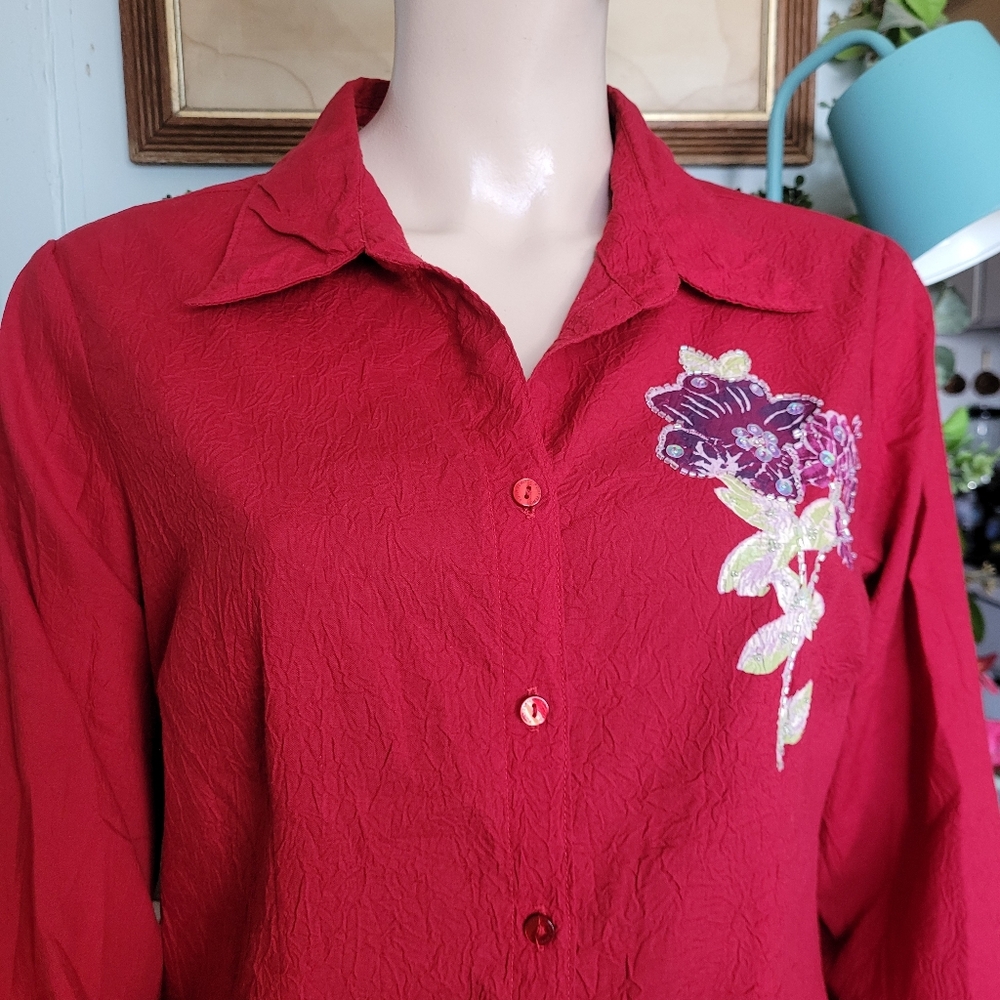 90s Y2K Point Zero Floral Applique Beaded Blouse Red Crinkle Large - Picture 4 of 14